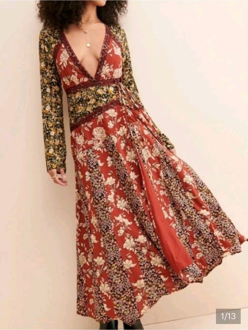 Free People Tilda Patchwork Bohemian Rust Floral Wrap Maxi Dress